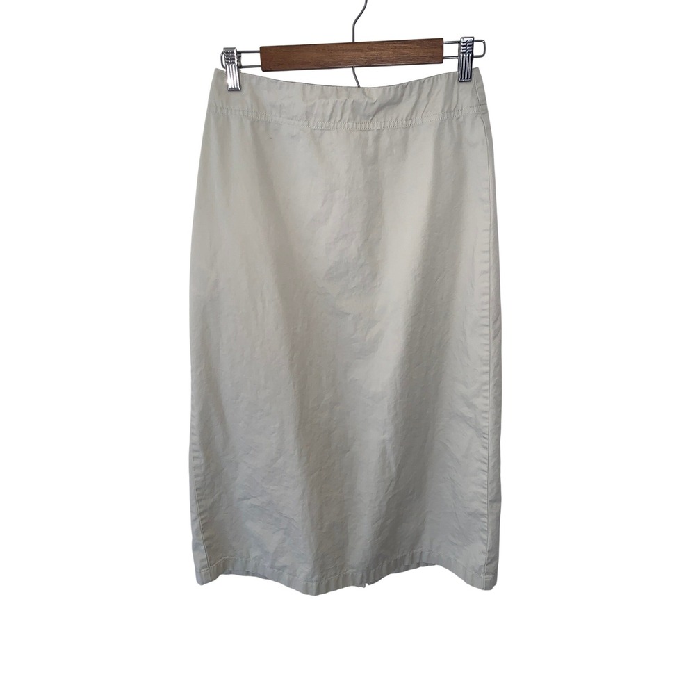 Eddie Bauer Womens Khaki Cotton Twill Midi Pencil Skirt Back Slit Size 6